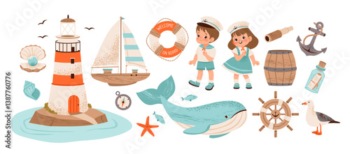 Nautical adventure set with cute lighthouse, sailing ship, and ocean elements. Marine icons, anchor, compass, whale, and shel. Maritime. Flat vector sea kids illustrations.
