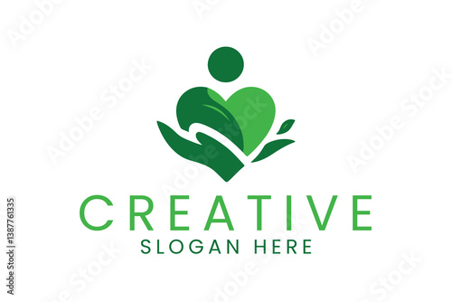 Green Heart Logo Design Eco Friendly Nature hand care icon life love leaf peace 