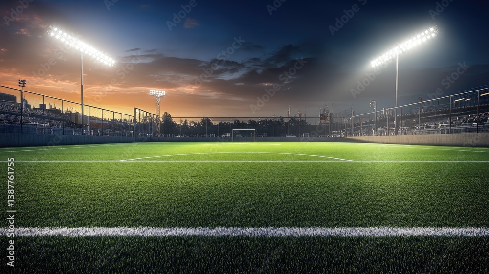 A football field with freshly painted yard lines and goalposts at either end, with the stadium lights switched on at night A football field with freshly painted yard lines and goalposts at either end, with the stadium lights switched on at night
