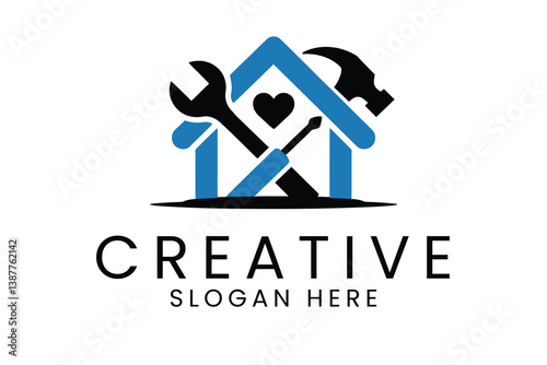 Home Repair Service Logo Design Blue House Tools job icon care work black heart 