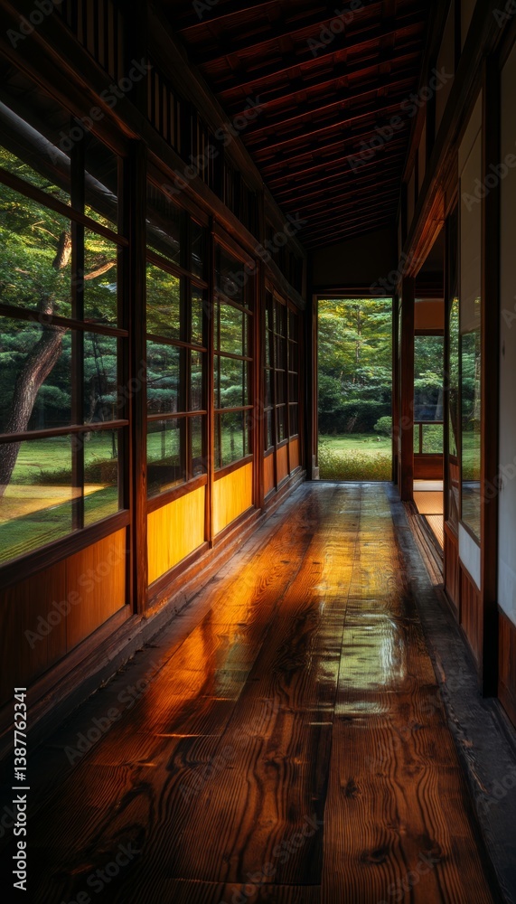 Ancient japanese hallway with large windows showcasing vibrant greenery and reflective wooden floors Ancient japanese hallway with large windows showcasing vibrant greenery and reflective wooden floors