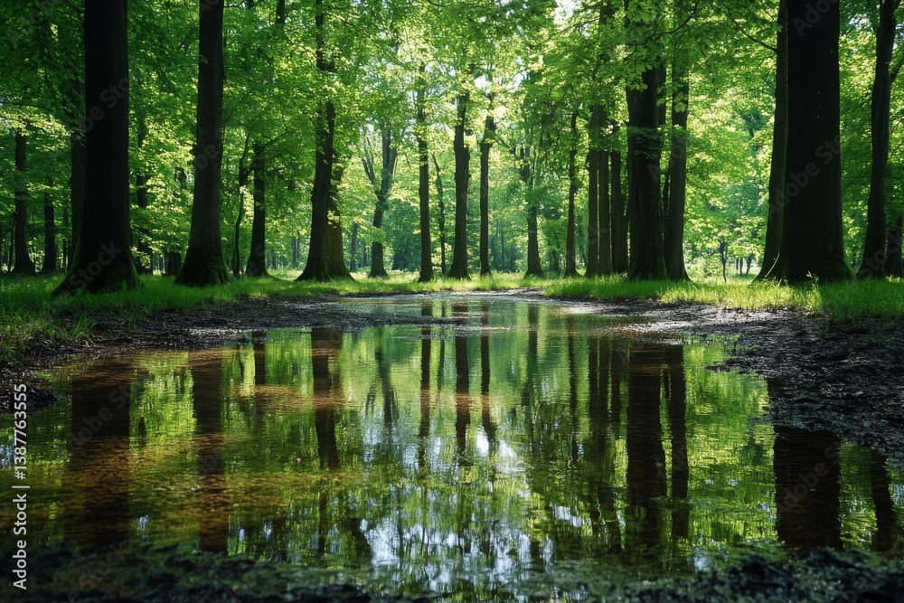 Serene forest with tall trees and a mirror-like water reflection Serene forest with tall trees and a mirror-like water reflection