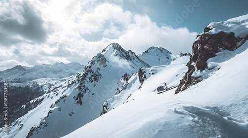 Snowy mountain peaks under clear blue sky.