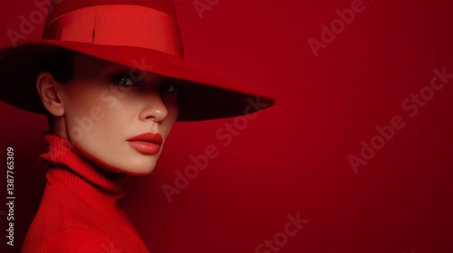 Elegant portrait of a woman in a red hat against a minimalist red background with cinematic lighting
