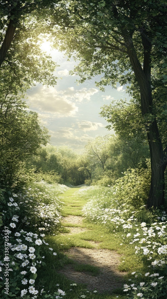 Fototapeta premium Sunlit forest path through a meadow of white flowers
