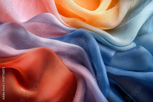 Closeup of soft multicolored silk fabric in red orange and blue hues