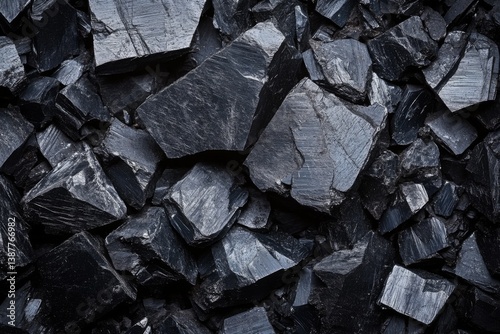 Large pile of broken dark stones with rough edges and deep texture