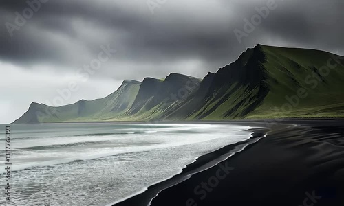 Dramatic black sand beach with rugged green cliffs under moody storm clouds, capturing raw coastal beauty and untouched Icelandic nature.