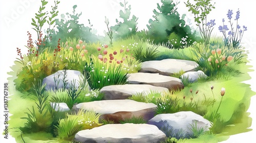 Hand-drawn garden walkway with flowers and stones. Ideal for spring, gardening, and whimsical art projects.