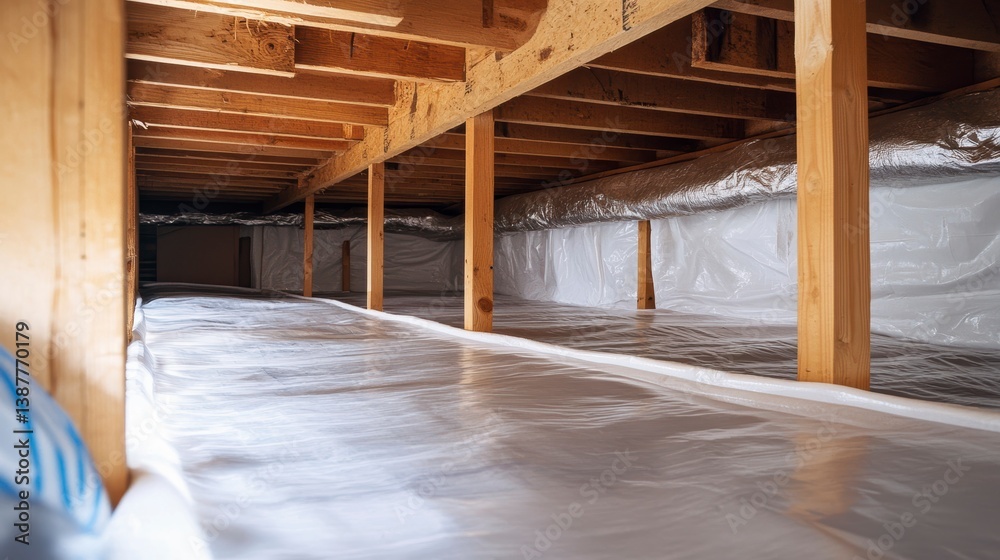 Unfinished basement with wooden beams, vapor barrier, and crawl space. Unfinished basement with wooden beams, vapor barrier, and crawl space.