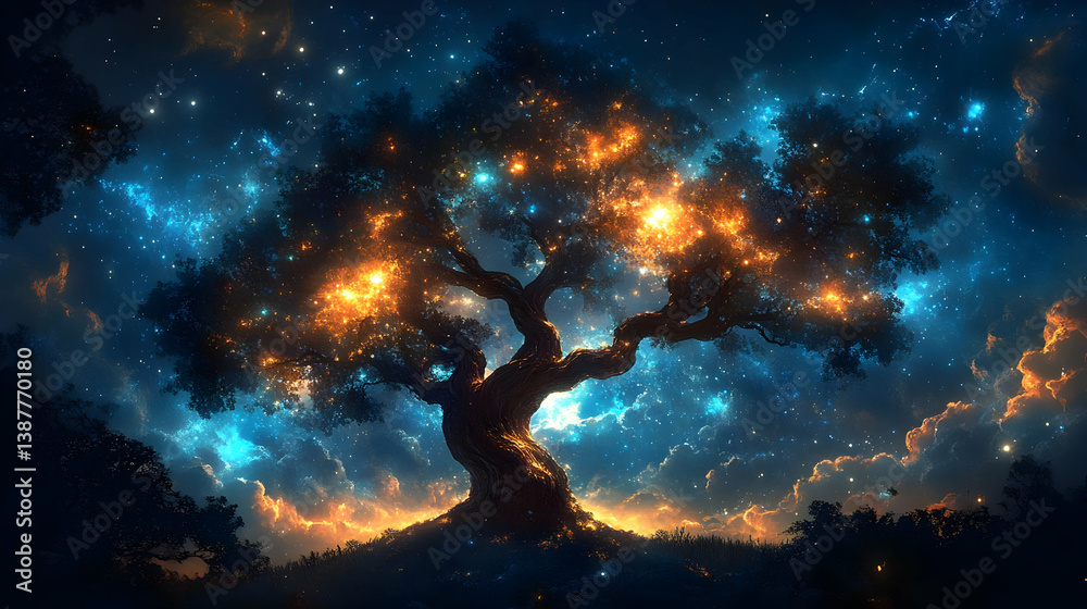 Obraz premium Glowing Tree Under a Starry Night Sky