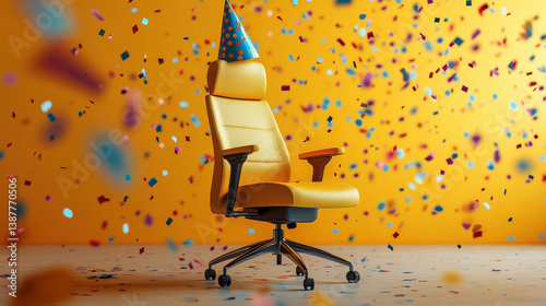 A serious office chair wearing a tiny party hat, confetti falling around it 