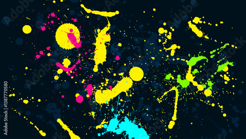 Dark grunge background splashed with multicolored reflective paint.