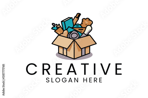 Creative Box Full of Colorful Supplies Design art toy teal blue book idea logo  