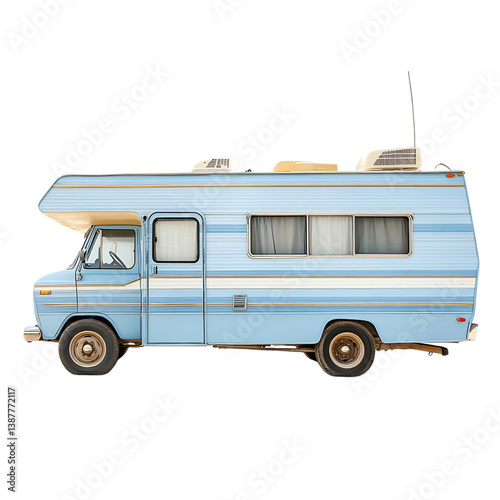 Blue RV Camper with Large Windows and Roof Rack Isolated on Transparent Background