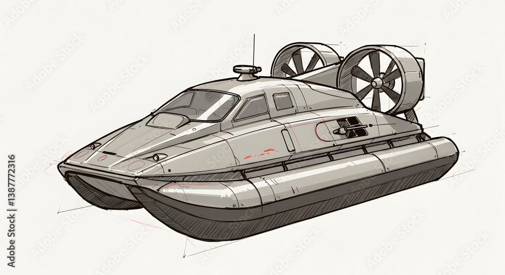 Obraz premium Sketch Illustration of Gray Hovercraft Design with Propellers and Line Art