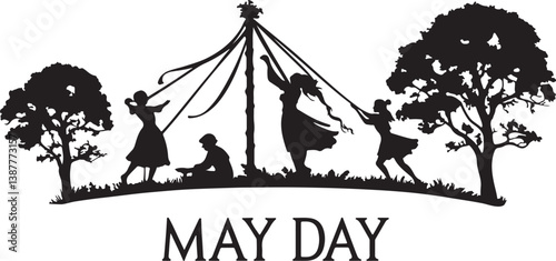 May day silhouette vector clipart with text. Template, Banner and poster design. Black filled illustration on a white background.