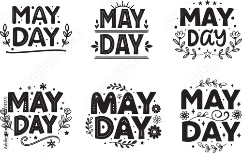 May Day typography vector clipart silhouette collection with grungi effect. Text black filled icons illustration design, isolated on a white backgorund.