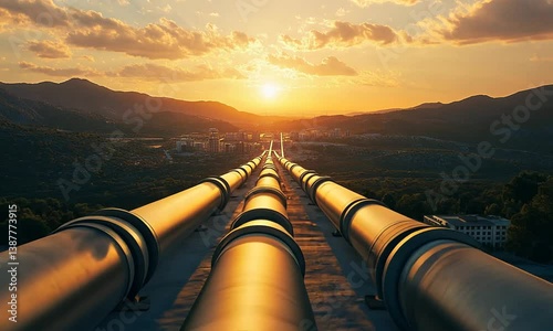 Long Pipeline Stretching to City at Sunset Energy Infrastructure Footage