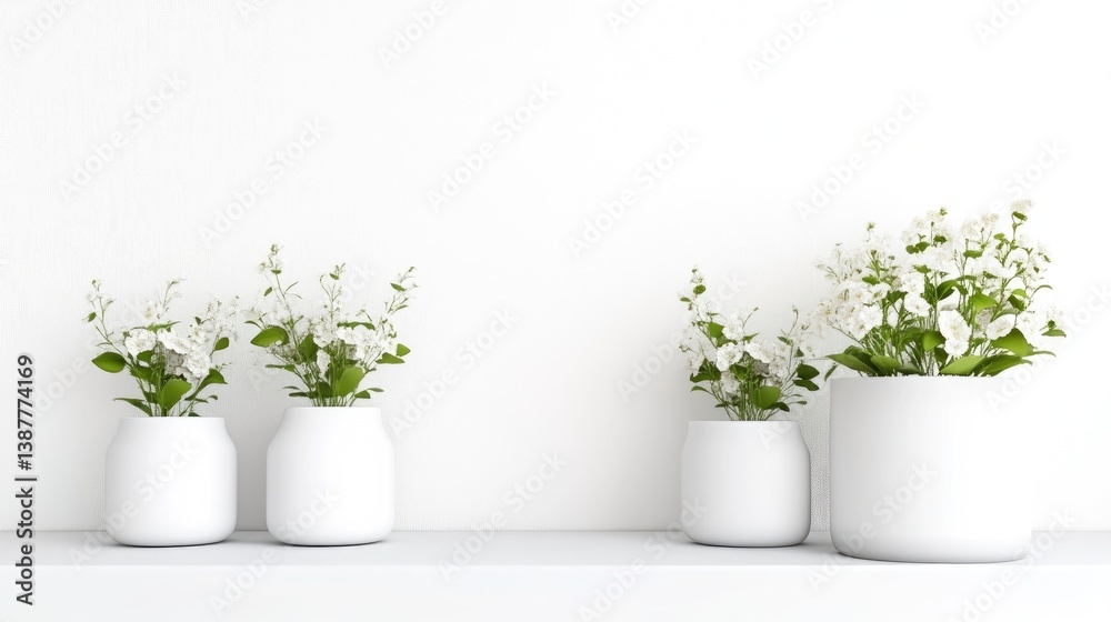 Fototapeta premium Four white flower arrangements in simple white pots sit on a shelf against a white wall. The image is clean and minimalist. The lighting is even and bright, creating a high-quality image. The style