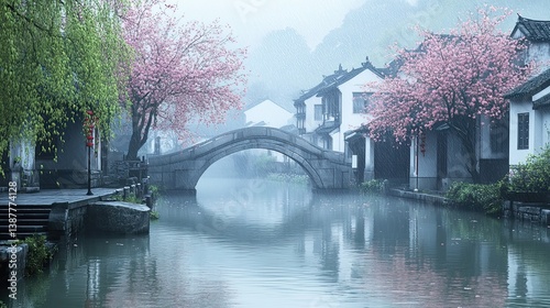 Jiangnan water town, with green willow trees and pink peach blossoms on the riverbank, generate AI