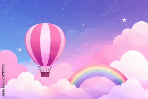 Wallpaper Mural Colorful Hot Air Balloon in a Dreamy Sky with Rainbow and Clouds Fantasy Illustration Digital Art Whimsical Concept Torontodigital.ca
