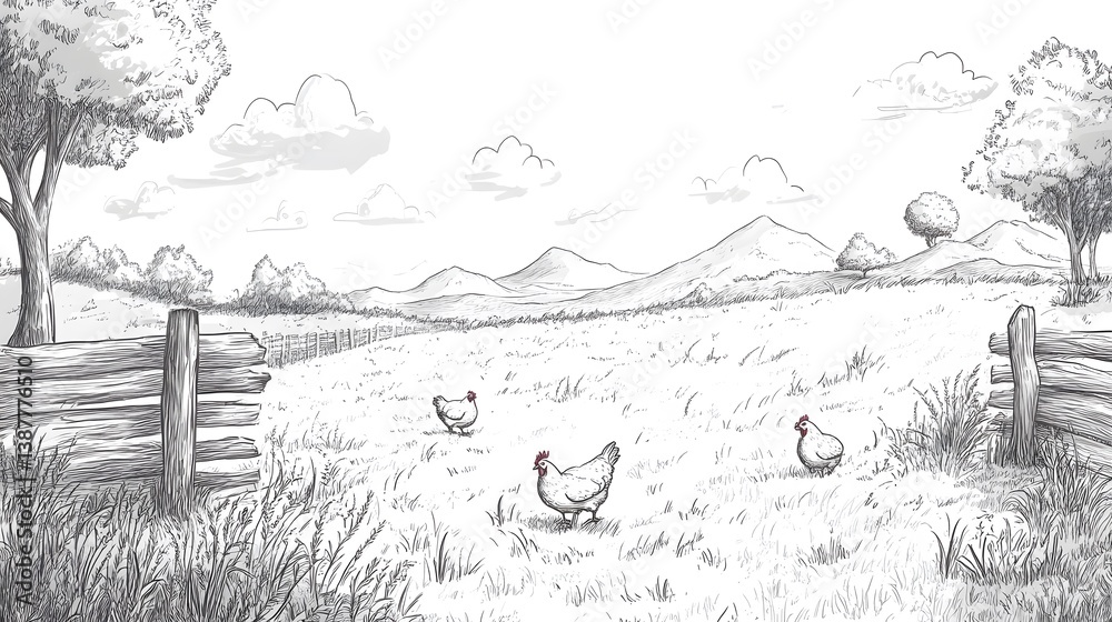 Free range chicken farm and sustainable agriculture. Organic poultry farming. Chickens roaming free in sustainable and animal-friendly farm. Free range bird in agriculture grass field.