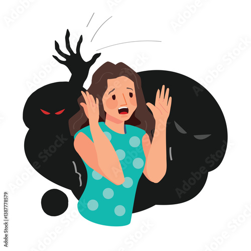 Phobia devil attack, woman is suffering from mental problems. Flat vector illustration.