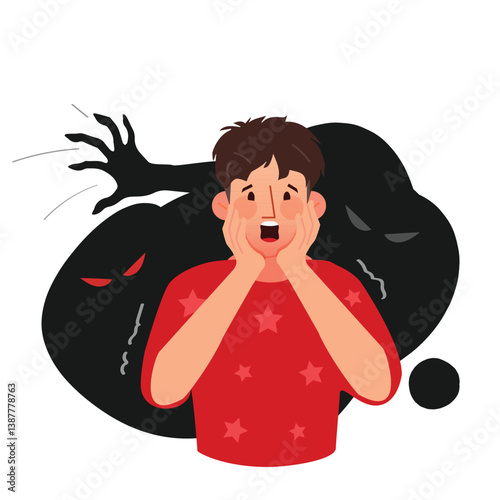 Phobia devil attack, man is suffering from mental problems. Flat vector illustration.