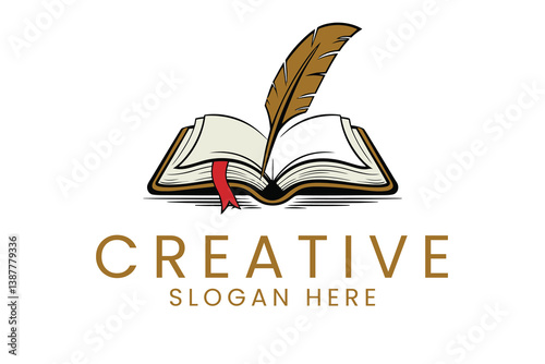 Elegant Open Book Quill Pen Design Logo Template red gold icon brown brand style