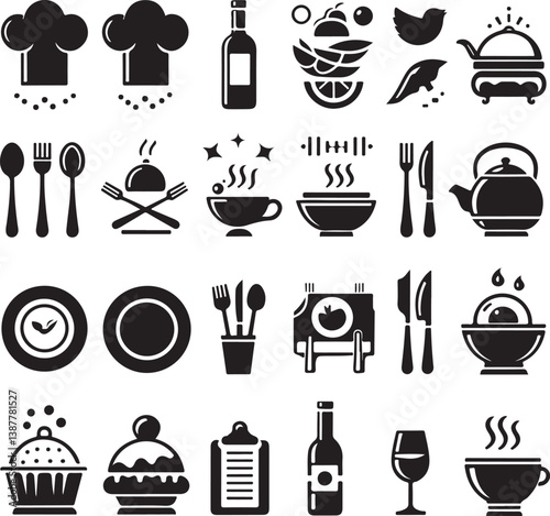 Kitchen vector icons set features cooking utensils, food, drink, and restaurant symbols like pot, pan, cup, spoon, knife, and fork silhouettes