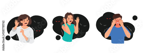 Phobia attack vector set, man and woman are suffering from mental problems. Flat vector illustration.