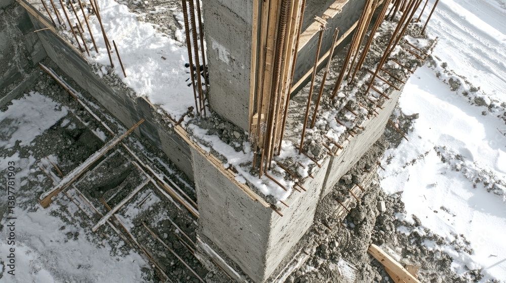 Reinforced concrete columns in progress with visible rebar and temporary wooden supports