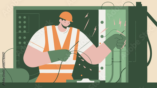 Illustration of an electrician in overalls working with wires against the background of electrical panels in a flat style
