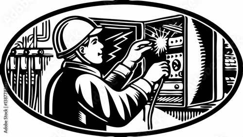 Vintage illustration Electrician in overalls checking contacts in electrical panel