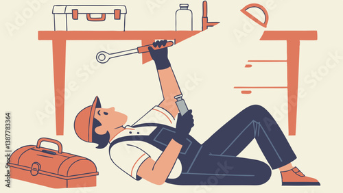 Illustration of a plumber worker lying on his back with helmet and tools on site background