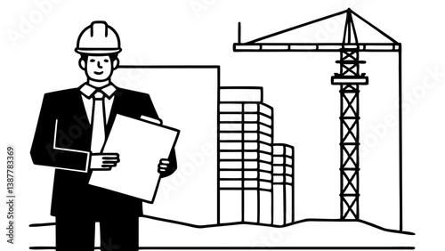 Architect presenting blueprint next to crane illustration