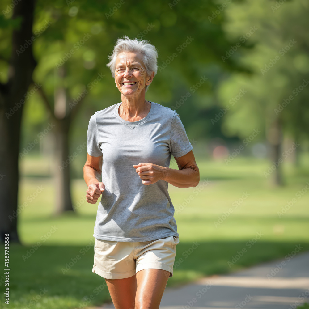 Happy senior woman jogs park. Elderly female smiles, enjoys outdoor activity. Retired person running, maintaining fit lifestyle. Healthy active aging, vitality, fitness. Pensioner exercising, Happy senior woman jogs park. Elderly female smiles, enjoys outdoor activity. Retired person running, maintaining fit lifestyle. Healthy active aging, vitality, fitness. Pensioner exercising,