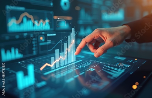 Manager touches growth graph on analytics dashboard. Business data analysis reports with marketing finance management strategy. Digital charts graphs increase business performance, sales statistic