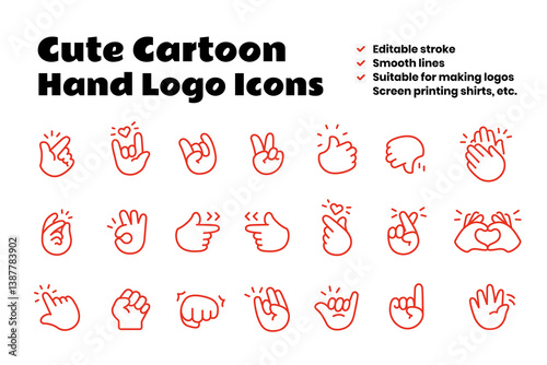 Cute Cartoon Hand Logo Icons Outline Red color, Chubby finger emoji sticker sign symbol, editable stroke.