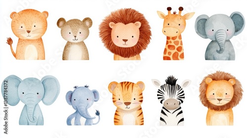 Safari Animal Collection, vibrant watercolor illustrations of a hippopotamus, monkey, giraffe, lion cub, tiger cub, elephant cub, and zebra, each character depicted with playful charm.