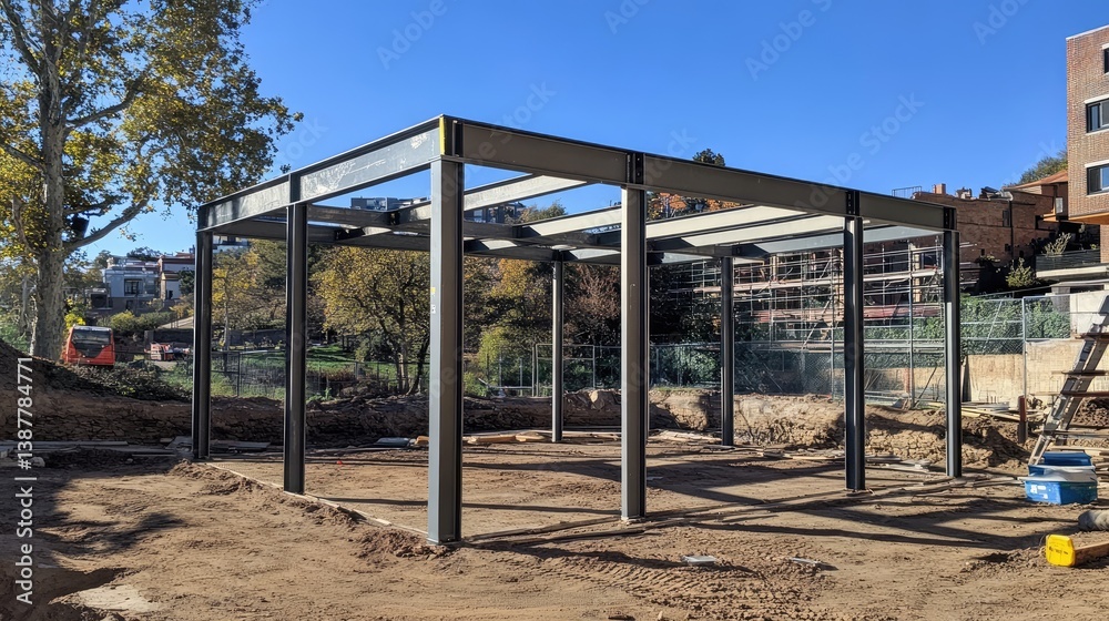 Fototapeta premium Steel frame structure in progress with beams, joints, and anchor bolts installed