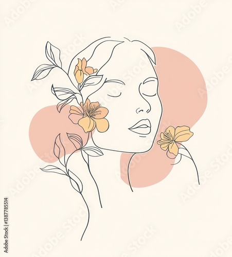 A minimalist line art illustration depicting a woman and flowers