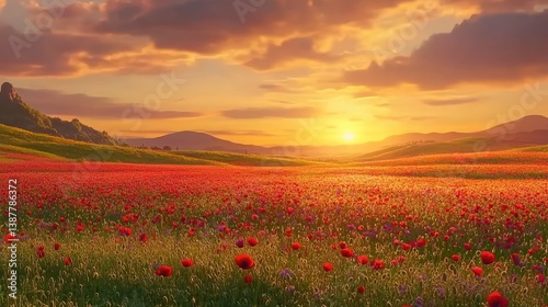 Sunset over a serene field of wild poppies with golden-orange sky casting long shadows across red blooms