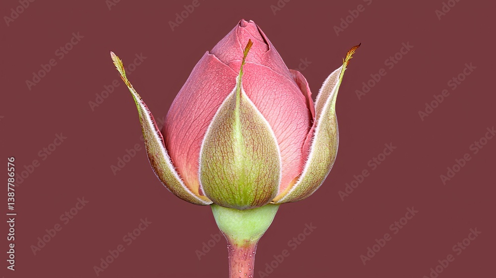 Fototapeta premium Close-Up View of a Beautiful Pink Rosebud with Delicate Green Leaves on a Maroon Background