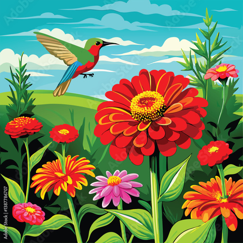 Wallpaper Mural a stunning-photograph of zinnia flowers and bird. Torontodigital.ca