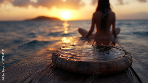 Serene sunset moment on a wooden platform. A woman meditates by the ocean at sunrise