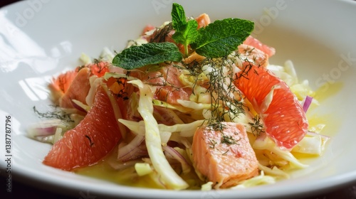 Vibrant salad with fresh salmon, crisp cabbage, and juicy grapefruit, garnished with herbs