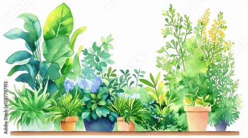 Illustration of green potted plants in various containers. Great for home decor, botanical art, and gardening themes.