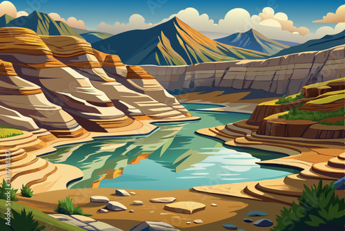 lake among layered stone plateaus, The terrain is dry and dusty with patches of gravel and low vegetation